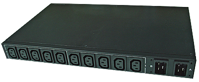 This is a picture of a 10 way IEC C13 Transfer Switch with dual power redundancy