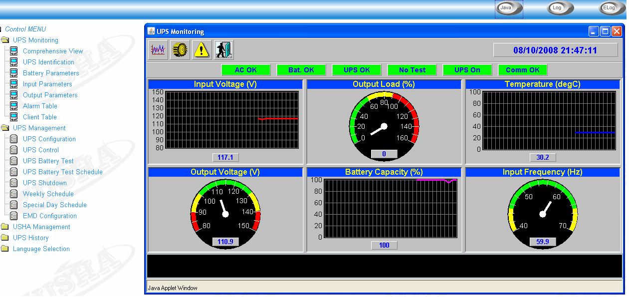 This is a picture of UPS Network Card Java Applet Screen Shot